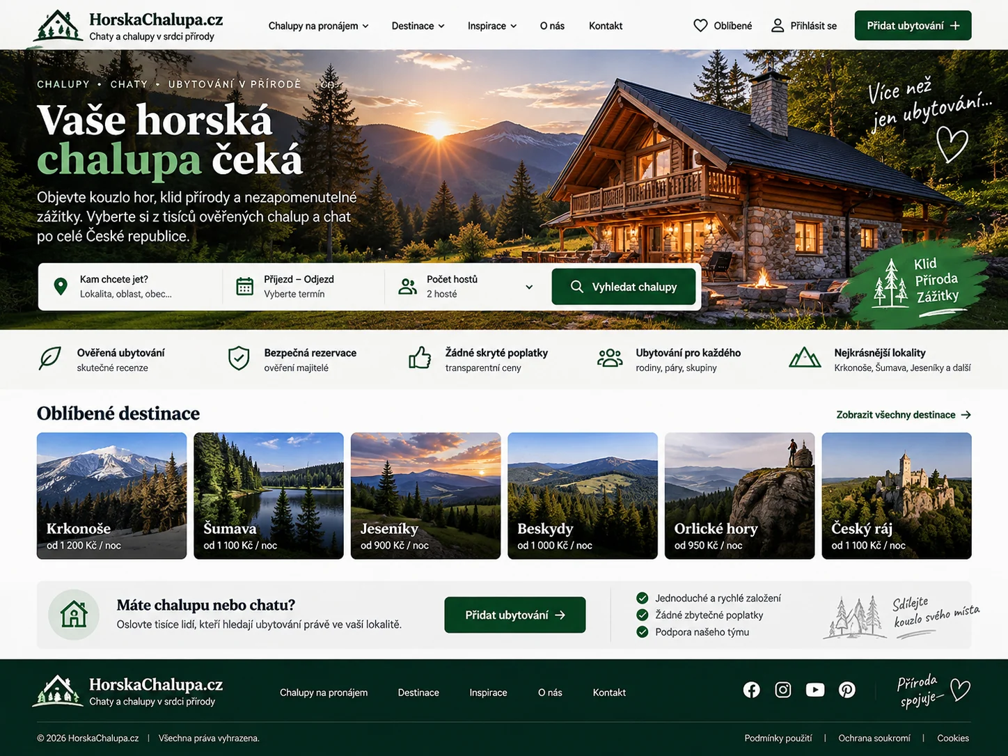 Ilustrační návrh HorskaChalupa.cz jako katalogu a rezervačního portálu horských chalup v českých regionech